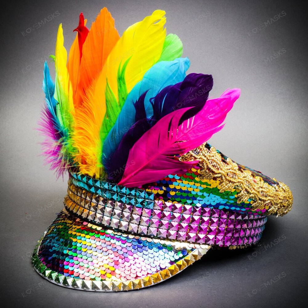 Steampunk Fisherman Military Cap with Rainbow Feathers Burning Man Costume Hat